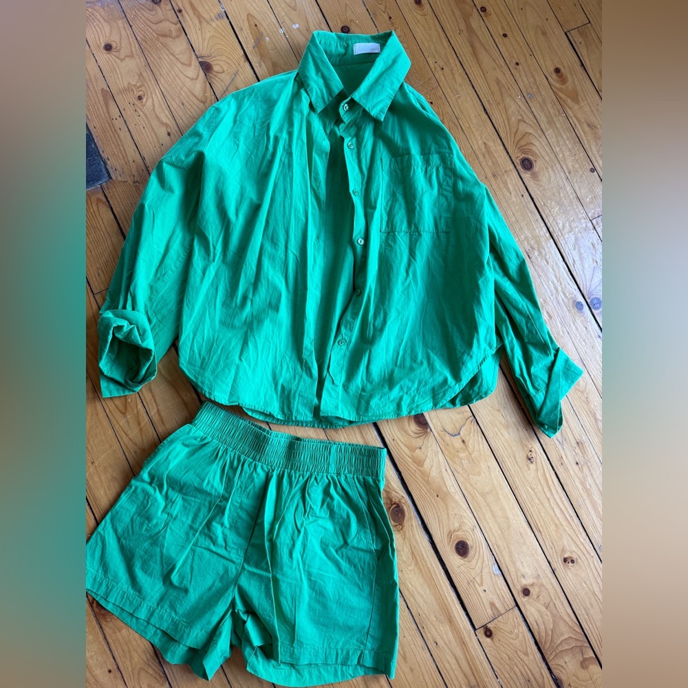 Green Button-Up Shirt and Shorts Set